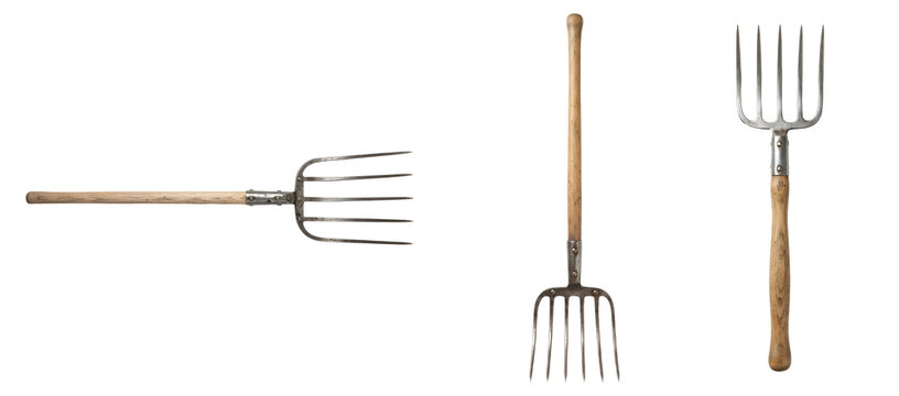 Traditional garden pitchforks with sturdy wooden handles and sharp metal tines arranged in three distinct positions isolated for agricultural work display on transparent background