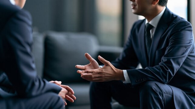 落ち着いたソファ席で身振り手振りを交え熱心に商談を進める男性たち。M&A仲介、事業承継セミナー、エグゼクティブ向け提案書に最適なビジネス写真（文字入れ用余白・コピースペース付き）