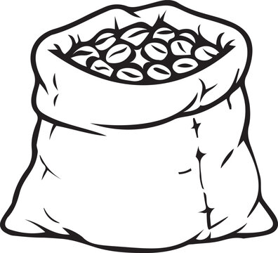 Canvas burlap sack filled with roasted coffee beans in black and white vector line art. Outline icon for coffee bean roasting, farm harvest, cafe menu design, KDP, and stickers.