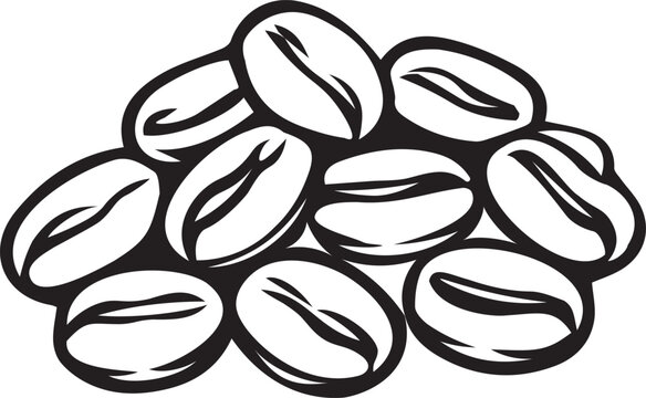 Heap of roasted coffee beans in black and white vector line art. Clean outline drawing for coffee shop menus, espresso branding, bean packaging, KDP coloring pages, and craft stickers.