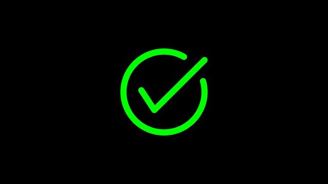 Animation icon green check mark icon inside a circle, symbol of approval, success, or completion, isolated on black background motion