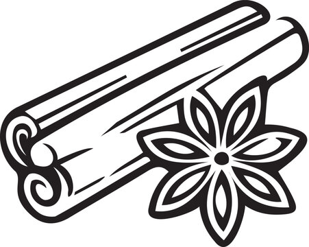 Aromatic cinnamon sticks tied with star anise spice in black and white vector line art. Outline icon for spiced coffee, autumn drinks, bakery menus, KDP coloring, and craft projects.