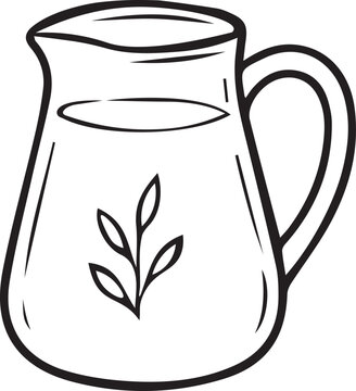 Glass creamer pitcher jug for milk or cream in black and white vector line art. Outline graphic for barista milk jug, cafe coffee service, KDP coloring pages, and craft prints.
