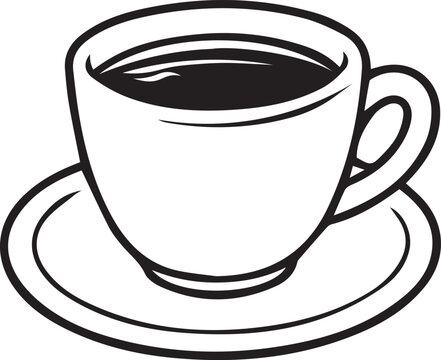 Classic ceramic coffee cup on saucer in black and white line art vector. Simple outline drawing for espresso, americano, cafe menus, breakfast icons, KDP coloring, and crafts.