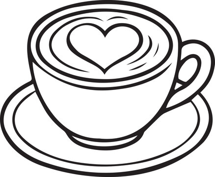 Cappuccino cup on saucer with heart-shaped latte art foam in black and white vector line art. Romantic coffee outline icon for love, cafe menus, KDP coloring, and craft projects.
