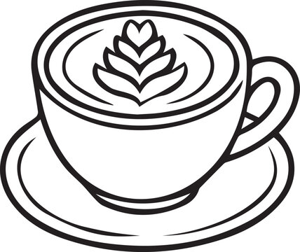Coffee cup with fern rosetta leaf latte art foam in black and white vector line art. Professional barista outline icon for cafe menus, coffee shop branding, KDP coloring, and crafts.