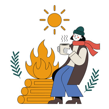 Woman holding warm mug beside bonfire on Winter Solstice, seasonal tradition and returning light concept in flat vector style