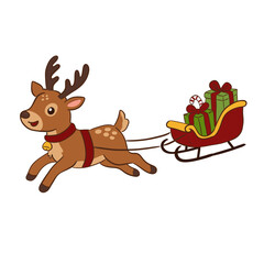 Cute Christmas reindeer pulling a sleigh full of gift boxes illustration © Creative