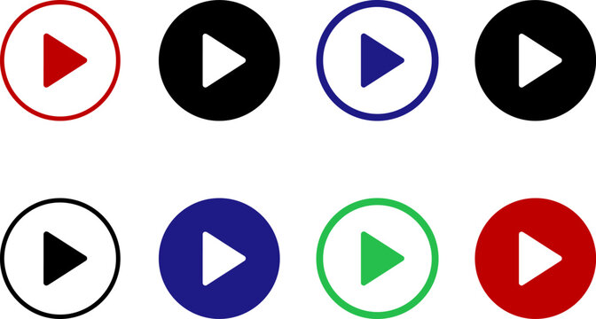 A vibrant assortment of colorful play buttons arranged in a circular pattern on a simple white backdrop perfect for digital media projects and presentations