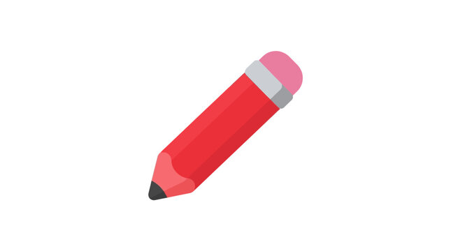 A red pencil with a pink eraser sits diagonally on a white background showcasing a flat vector style writing stationery drawing school
