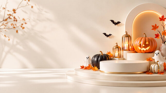 Minimal Halloween Product Podium with Pumpkins, Ghosts and Large Copy Space