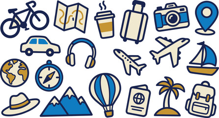 Colorful hand drawn travel icons set depicting vacation and adventure themes © IMRAN