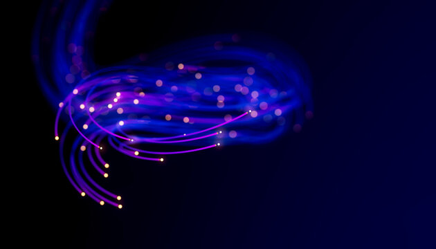 Flowing fiber optic bundle with violet data trails and copy space 3D