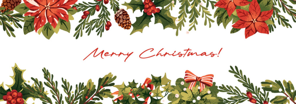 Design of Merry Christmas banner. Template of border from fir tree, pine branches, pinecones, mistletoe, holly berries and poinsettia flowers. Evergreen Xmas decoration. Flat vector illustration