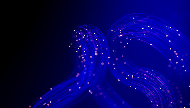 Intertwined fiber optic waves with luminous data nodes and blue glow 3D