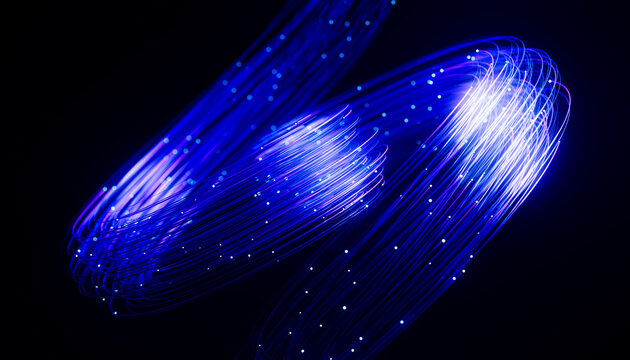 Twin fiber optic loops with brilliant data streams on dark background 3D