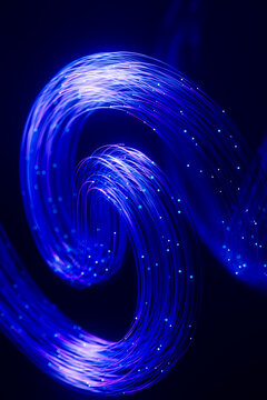 Circular fiber vortex with flowing neon data strands 3D