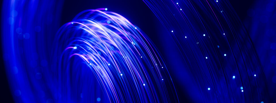 Glowing fiber arch with cascading digital particles on blue background 3D