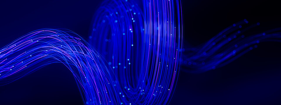 Interlaced fiber waves with glowing digital streams on navy background 3D