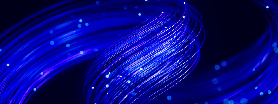 Sweeping fiber bundle with luminous data flow and blue neon trails 3D