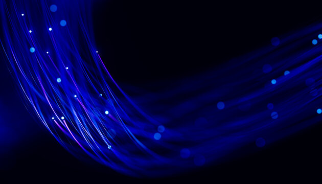 Looping neon fiber strands with purple signal lights on dark background 3D
