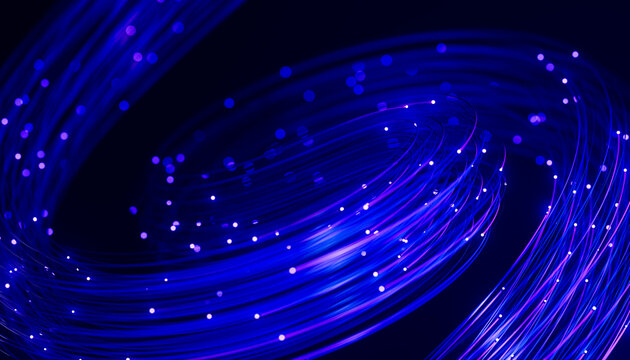 Elliptical fiber orbit with sparkling data particles and neon trails 3D