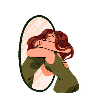 Concept of self love, care, acceptance and mental health. Young woman hugs her own mirror reflection. Happy girl supports, esteems yourself. Flat isolated vector illustration on white background