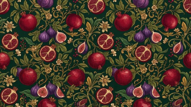 Vintage botanical seamless pattern with pomegranates and figs on dark background, detailed stock illustration for textile art.