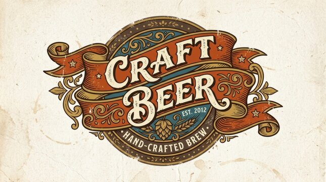 Vintage Hand Lettered Craft Beer Logo Emblem with Ornate Scrollwork and Hop Detail on a Textured Widescreen Background.