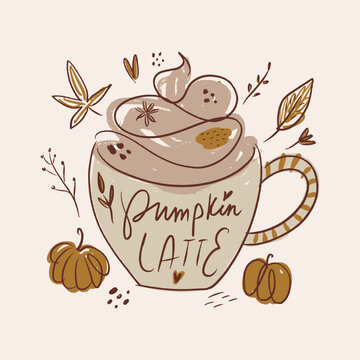 Cozy autumn pumpkin spice latte with whipped cream cinnamon sticks vintage hand drawn cottagecore illustration 