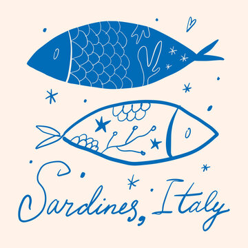 Colorful cute funky crayon drawn decorative sardines. Cartoon stickers of fish. Bright doodle illustration with weird handmade cozy vibe. Kid drawn sardine, tuna, salmon, mackerel