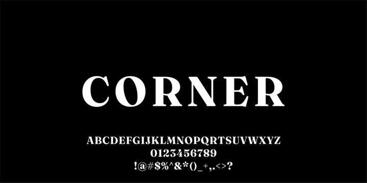 Corner typeface specimen featuring clean serif alphabet and numbers.