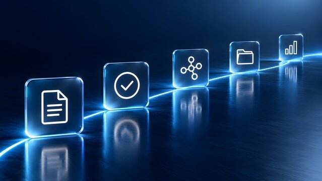 Sequential digital workflow pipeline with glowing glass icons for document verification, network distribution, file storage, and data analytics