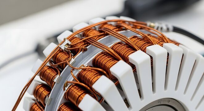 Copper wire windings of an electric motor stator component in detail