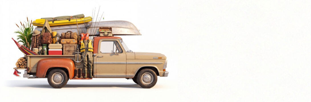 Classic pickup truck heavily loaded with fishing gear, camping equipment, canoe, and kayak on a white background