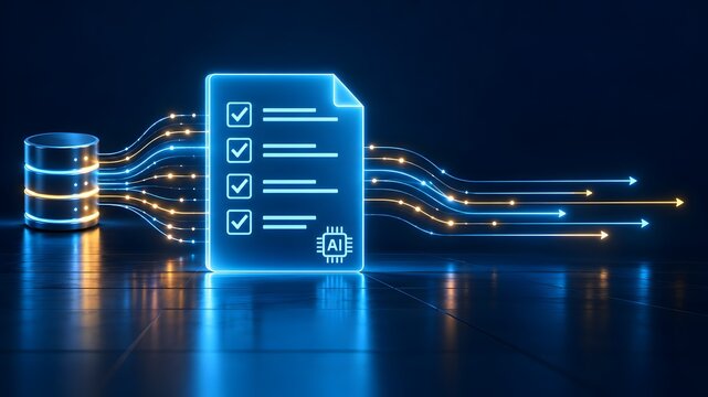 AI powered data processing workflow connecting a server database to an automated digital checklist with glowing neon output streams