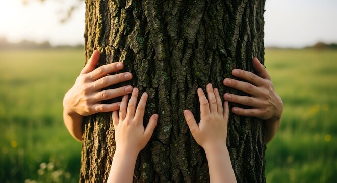 Hands of a parent and child hugging a large tree trunk