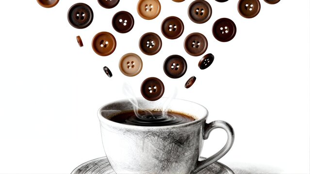 Buttons float like coffee beans, steaming cup below.