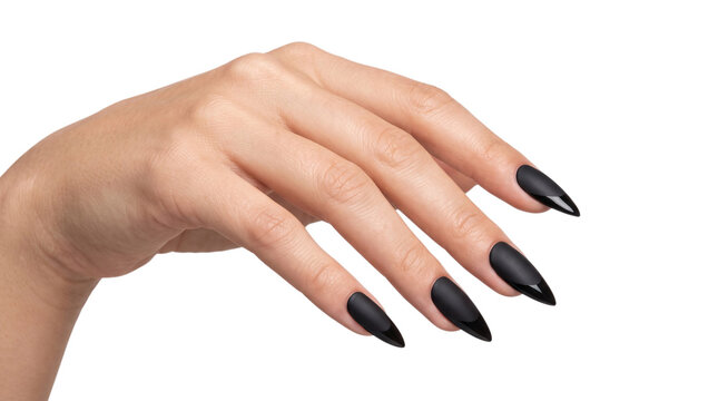 Female hand with long black pointed nails on white background