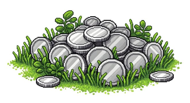 Pixel art silver coin pile surrounded by green grass and plants