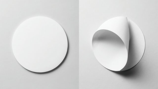 Blank white round adhesive stickers on a light gray background. Use these empty paper label mockups for branding and product design presentation.