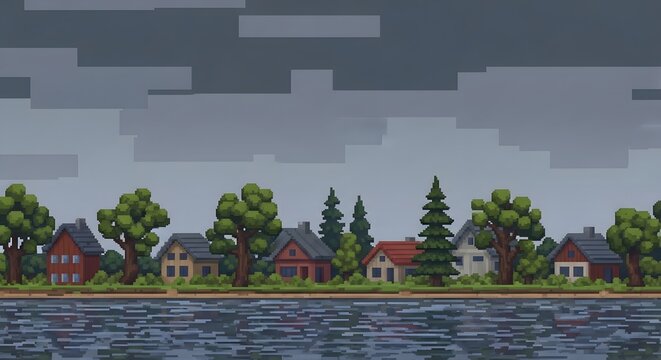 Pixelated village houses line the waterside under a grey sky