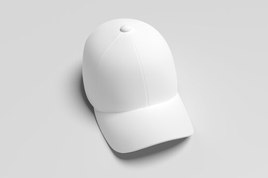Cap mockup showing front view, single blank snapback hat template isolated on light gray background, apparel merchandise headwear presentation, 3d render
