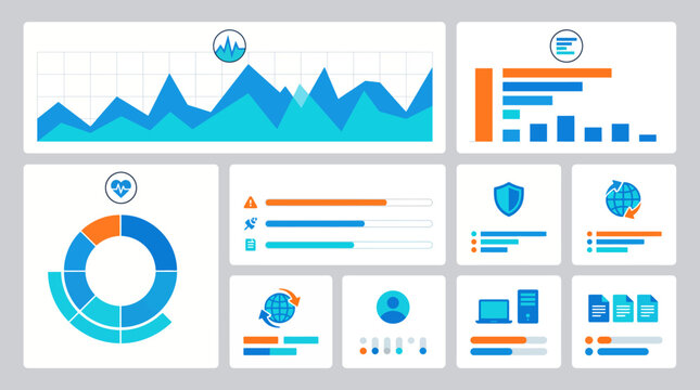 Wide array of infographic slides showcasing dashboards, charts, graphs and data visualizations for business reporting.