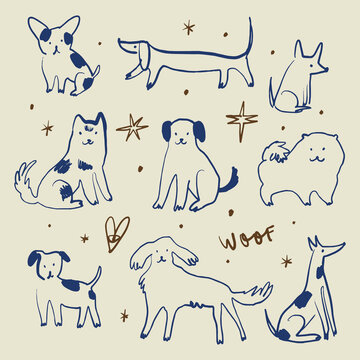 Medium various cute dog breeds set. Hand drawn vector illustration. Cartoon playful hand drawn childish line art
