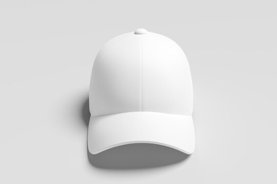Cap mockup showing front view, single blank snapback hat template isolated on light gray background, apparel merchandise headwear presentation, 3d render
