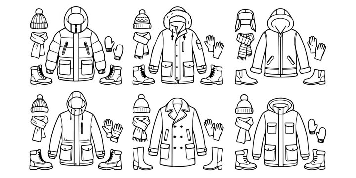 Set of six different winter coat and jacket line art illustrations for fashion design and coloring pages