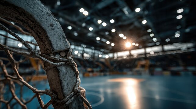 A close-up of a rustic goal frame with netting in a dimly lit sports arena. This captures the quiet anticipation of competition or the reflection after a game.