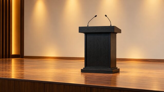 Black lectern with two microphones on warm auditorium stage