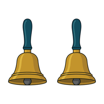 Two gold handbells with blue handles for ringing and alert signals